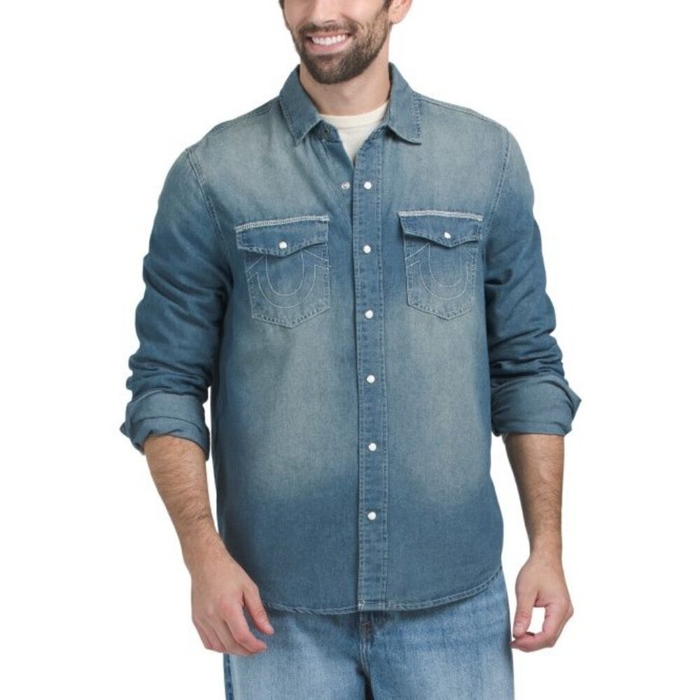 True Religion Mens Blue Denim Graphic Logo Chambray Long Sleeve Shirt Sz L New - Picture 2 of 9